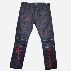 Damati Mens Black Splatter Paint Jeans Moto Zipper Embellished Size 36x32